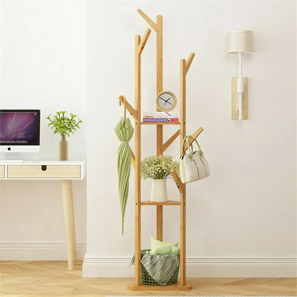 Supporto per appendiabiti e cappelli in legno, da terra, vestiti, borse, portaombrelli, appendiabiti per albero, porta ganci per borse, 10 ganci