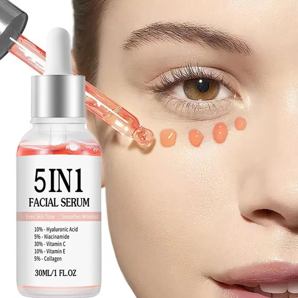 Siero Viso 5-in-1 con Acido Ialuronico, Niacinamide e Vitamina C, Siero Idratante e Illuminante per Donne, Migliora il Tono della Pelle e Riduce le Rughe