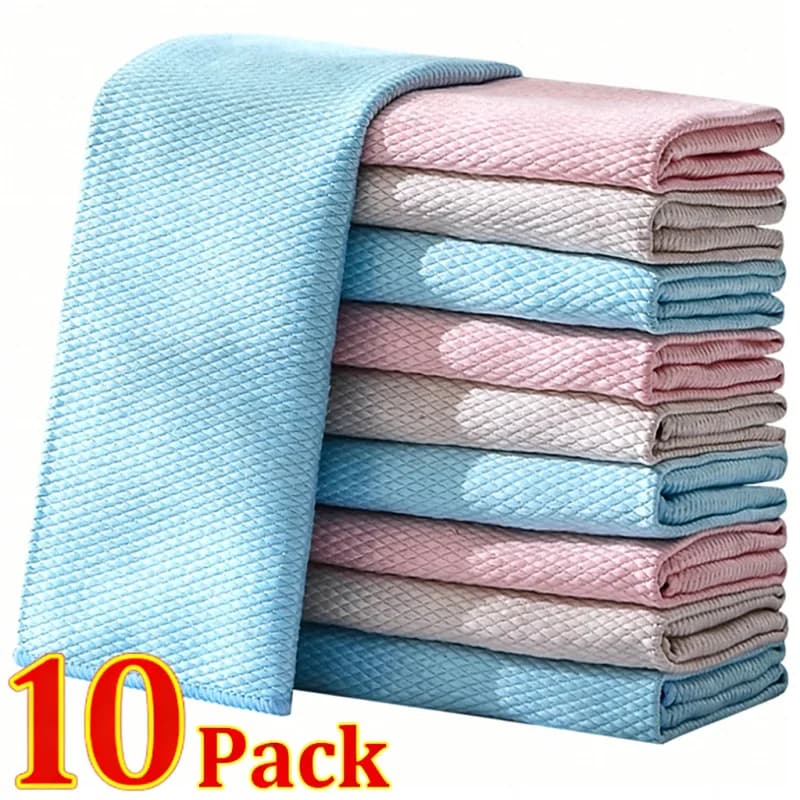 10 pz. Panni in microfibra a squame di pesce, super assorbenti, anti-olio, per cucina, lavaggio, vetri e pulizia domestica