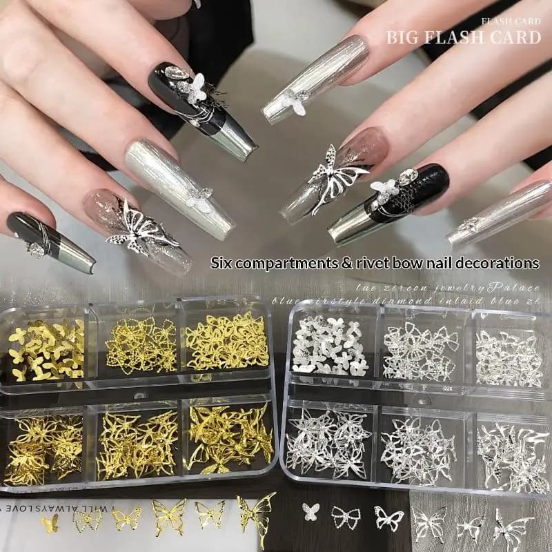 6 grilles metal bow digs off charm for nail art gold silver 3D rivet for nails decoration parts nail accessories for manicure DIY