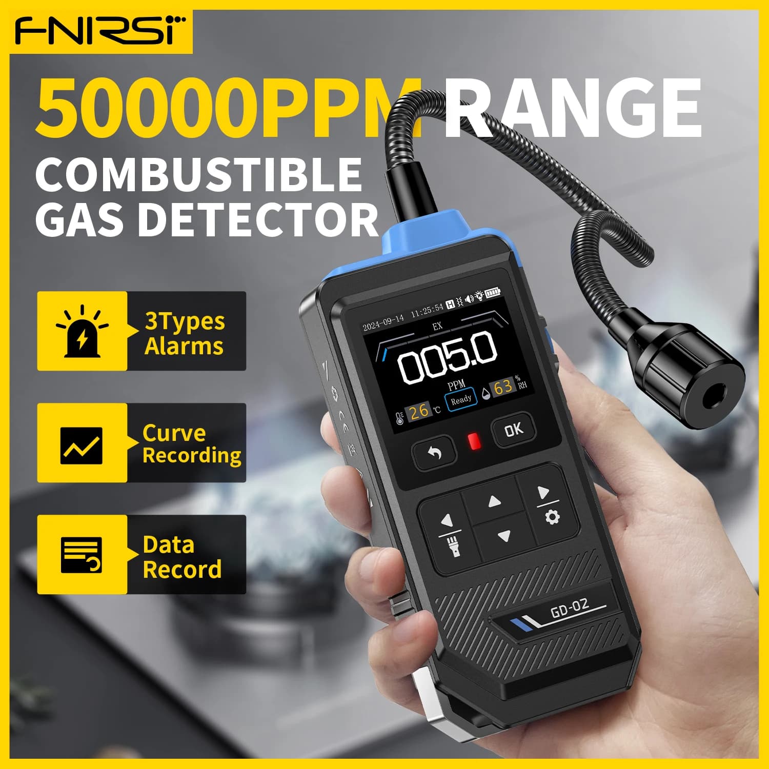 FNIRSI GD-02 Rilevatore di perdite di gas combustibile 0~50000ppm Sensore metano propano isobutano con allarme per uso domestico e industriale