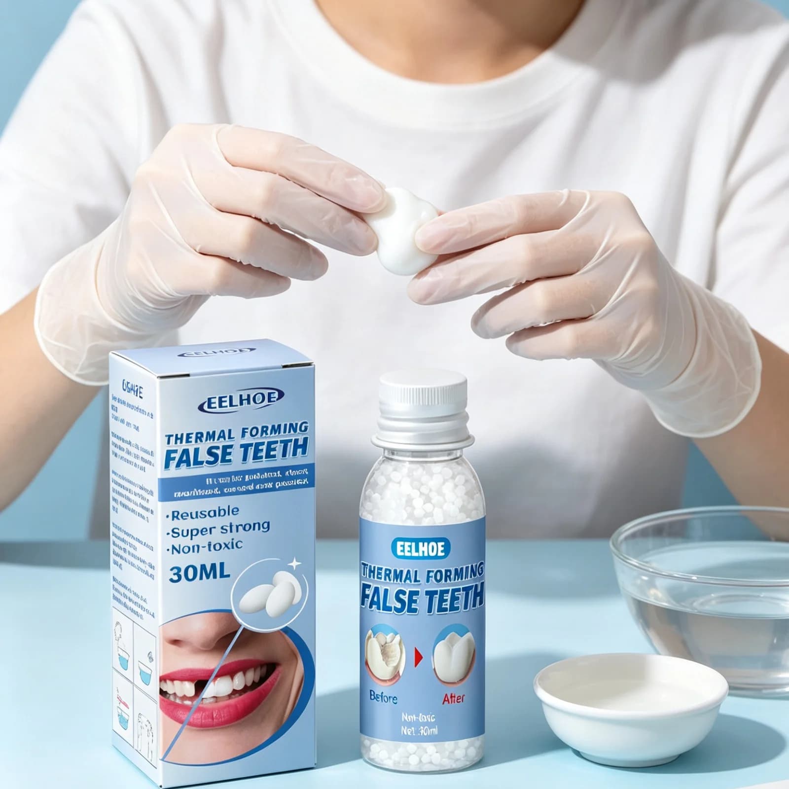 EELHOE Solid Dental Glue Cosplay Cosmetic Portable Adhesive Whitening Teeth Gap Repair Beads Temporary Tooth Repair Glue 30ml