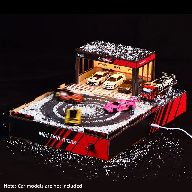 Diorama Fai-da-te Scala 1:64 con Pista da Drift, Piattaforma Girevole e Luci LED per Garage - Kit di Costruzione Scenari per Modellini di Auto e Esposizione di Mini Auto
