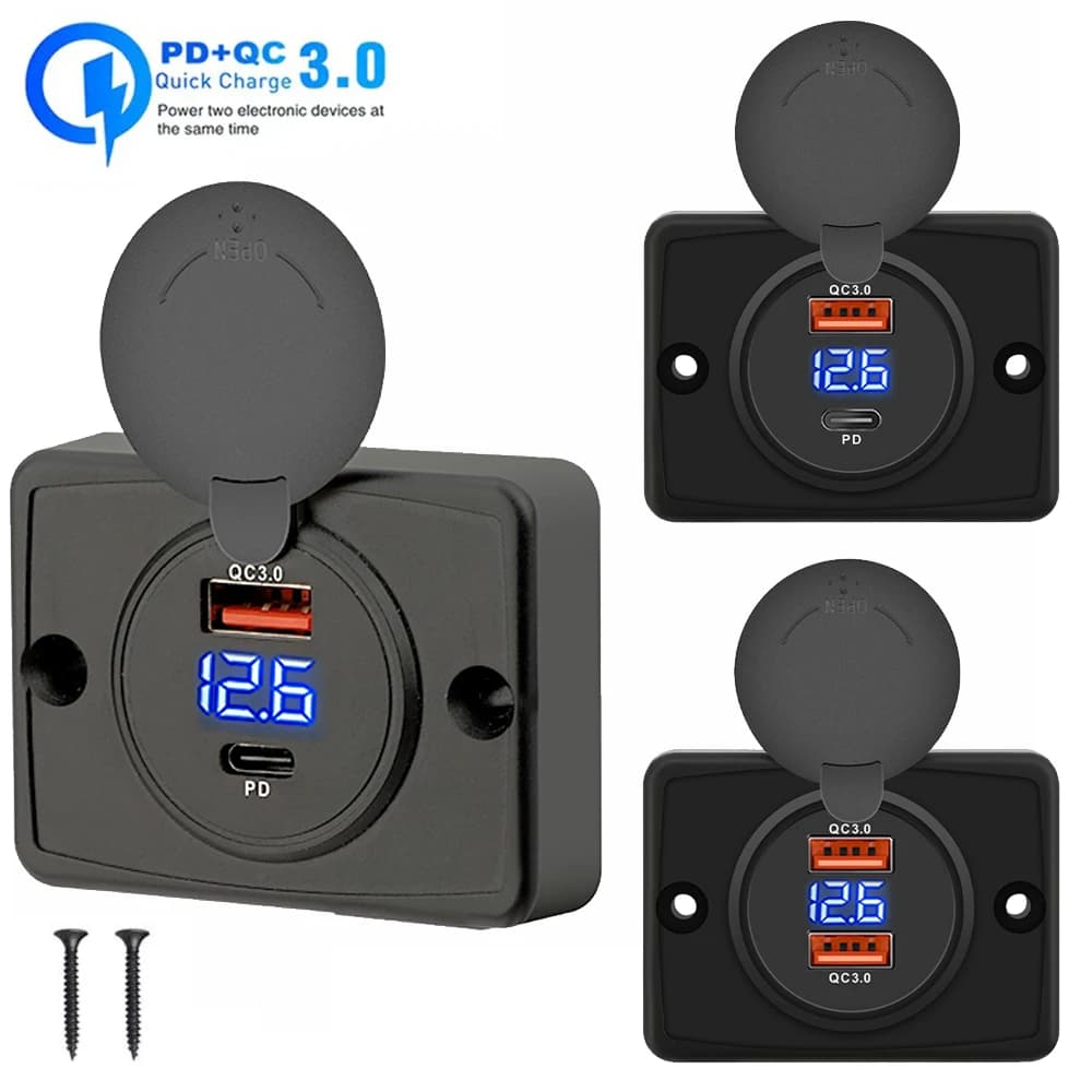 USB PD QC3.0 12V/24V Quick Charger with Sliding Cap Waterproof Fast Charging Power Supply for Cars, Boats, Bus and RVS