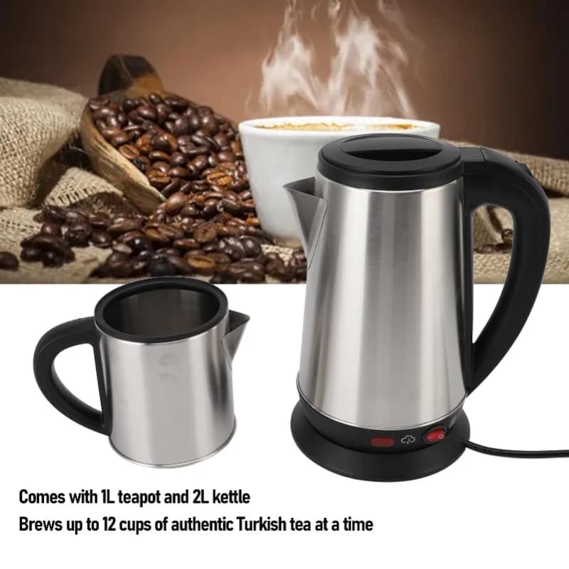 Set of 1L and 2L Turkish electric kettles in black stainless steel and for preparation of herbal teas, double kettle, Turkish teapot set for home (EU)