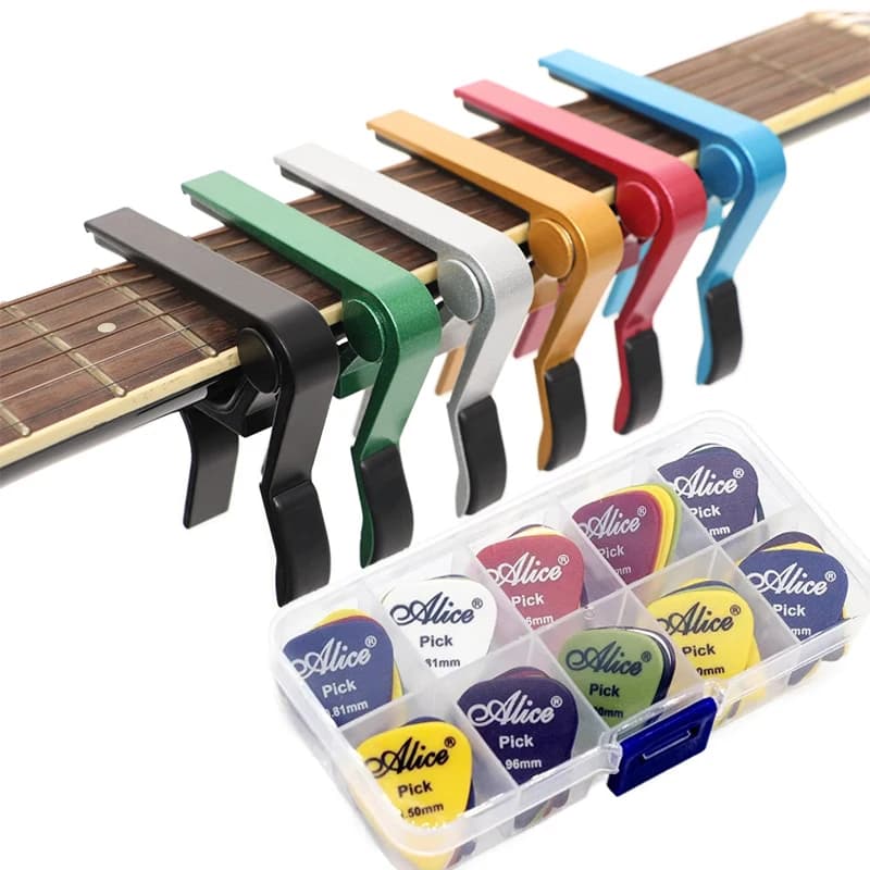 Set di plettri e capotasto per chitarra, accessorio per chitarra acustica/elettrica/basso/ukulele, capotasto universale multifunzione in metallo TMZ