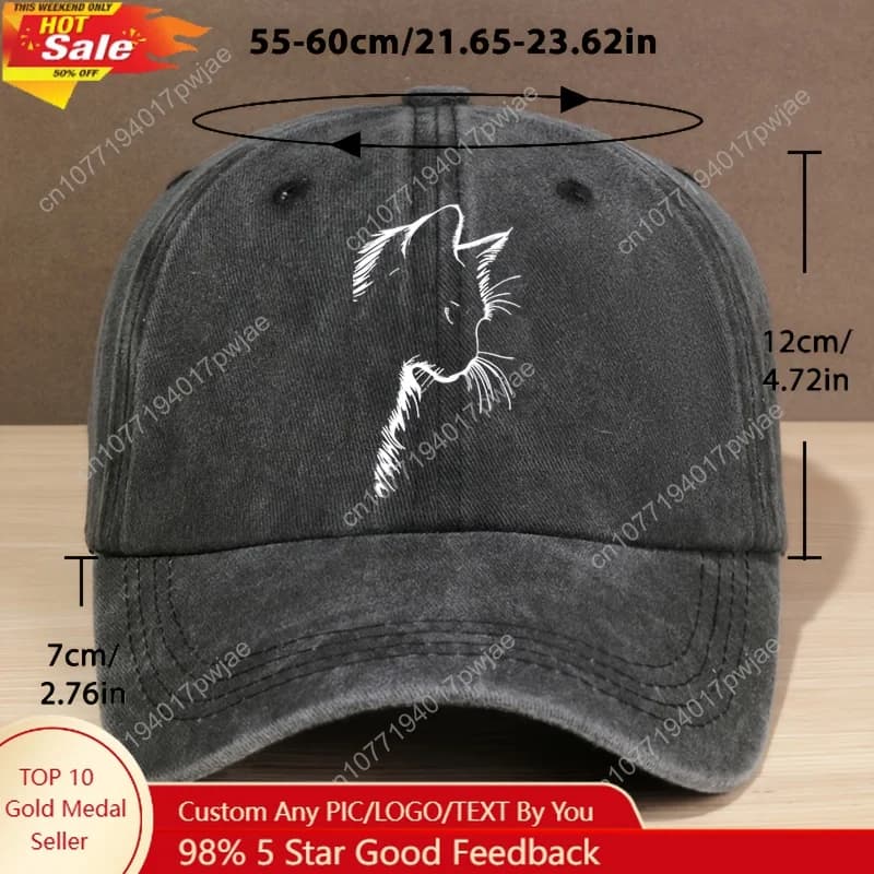 Stylish washed baseball cap unisex with adjustable lorry hat with cat pattern cut to letter suitable for camping fishing.