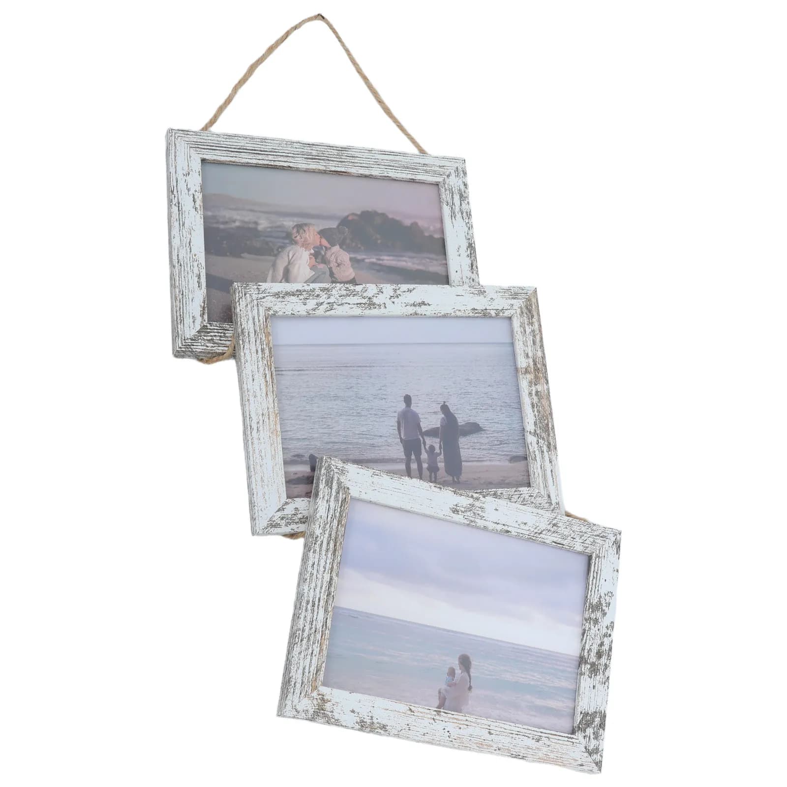 Wall Hanging Wooden Photo Frame Collage for 3 Photos 5x7 Inch Rustic Farmhouse Style with Rope Hanging Family Picture Wall Decor