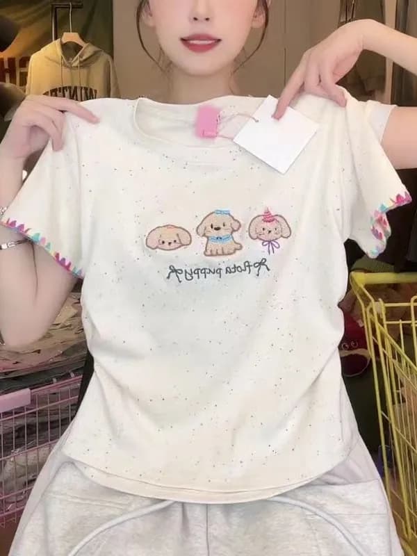 Cute Little Dog Rainbow Spot Short Sleeve T-Shirt Sweet Girl Style Summer New Arrival Korean Version Slim Fit round Neck Top