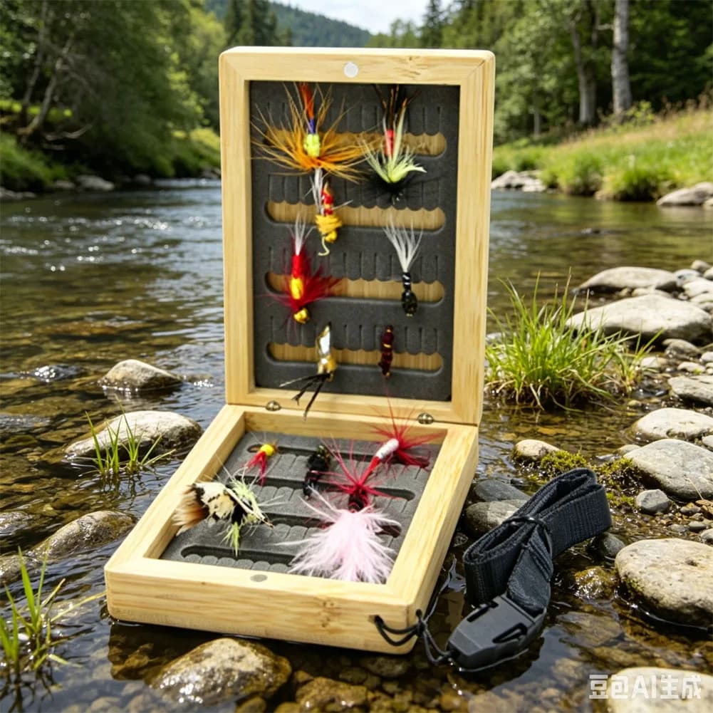 Scatola Magnetica per Pesca a Mosca in Legno con Cerniera Invisibile, Contenitore per Esche e Ami con Cordino Staccabile, Accessori per la Pesca