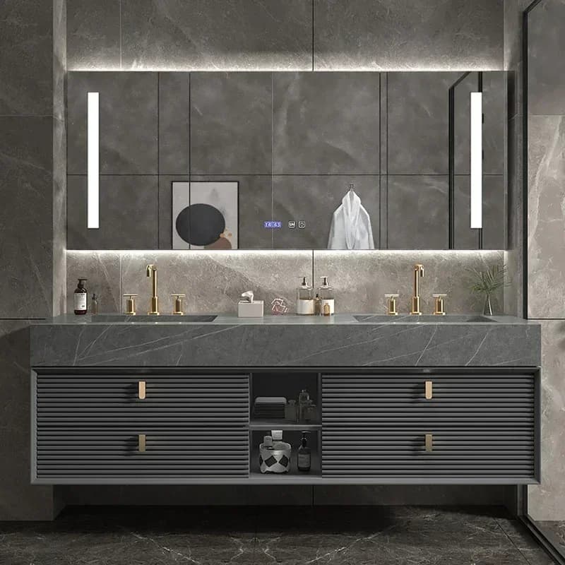 Mobile Bagno Moderno di Lusso Leggero con Specchio Illuminato, Lavabo Doppio Integrato in Legno Massello di Quercia e Rubinetto