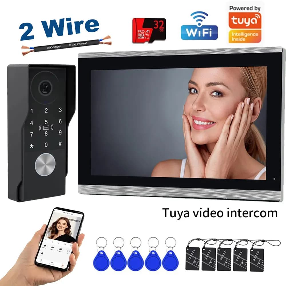 2-Wire 10inch / 7inch Video Door Phone with TUYA App IC Card PIN Unlock 5G Wifi Support 1080P Smart Video Intercom System New