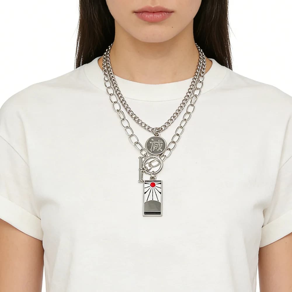 Necklace with Metal Pendant Double Layer Inspired by Anime Demon Slayer Tanjiro, Accessories Jewel for Fan, Gift Charm