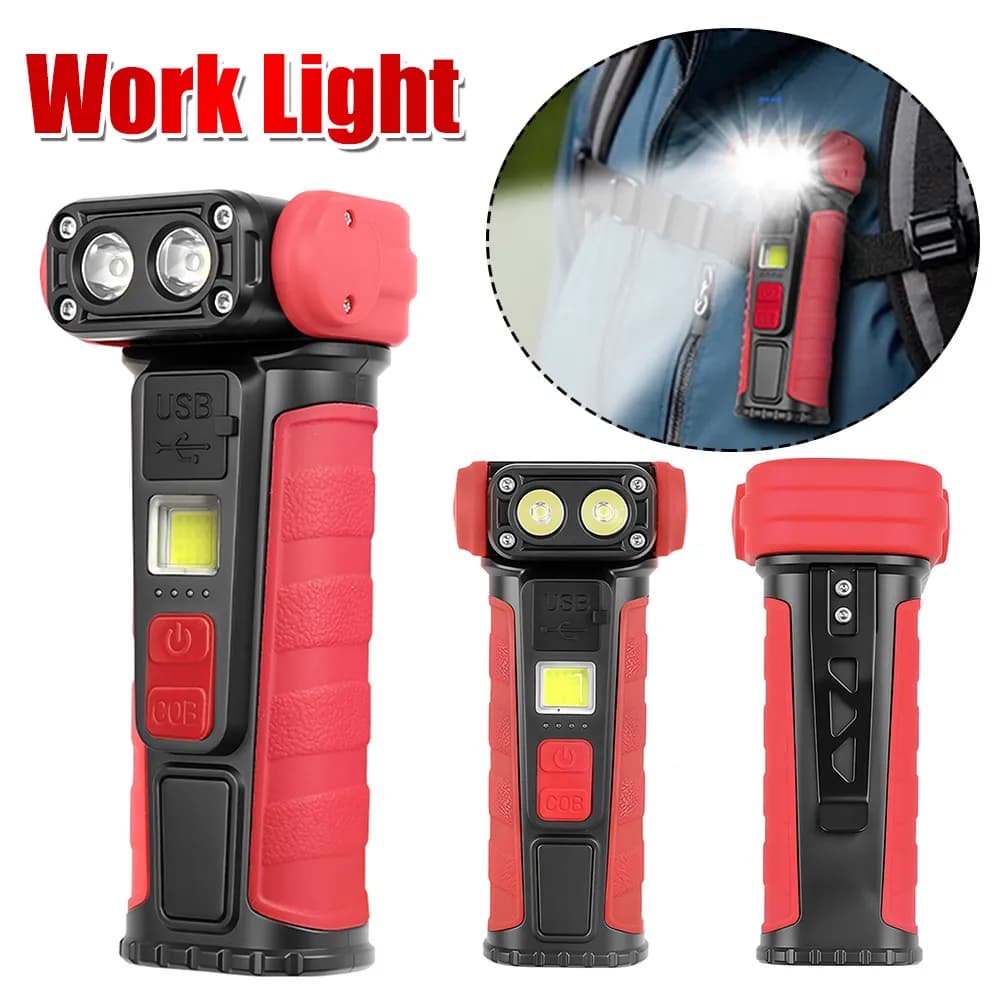Torcia da Lavoro Rotante Ricaricabile con Luce COB Rossa/Bianca, Torcia Tascabile, Power Bank, Lampade per Revisione Auto