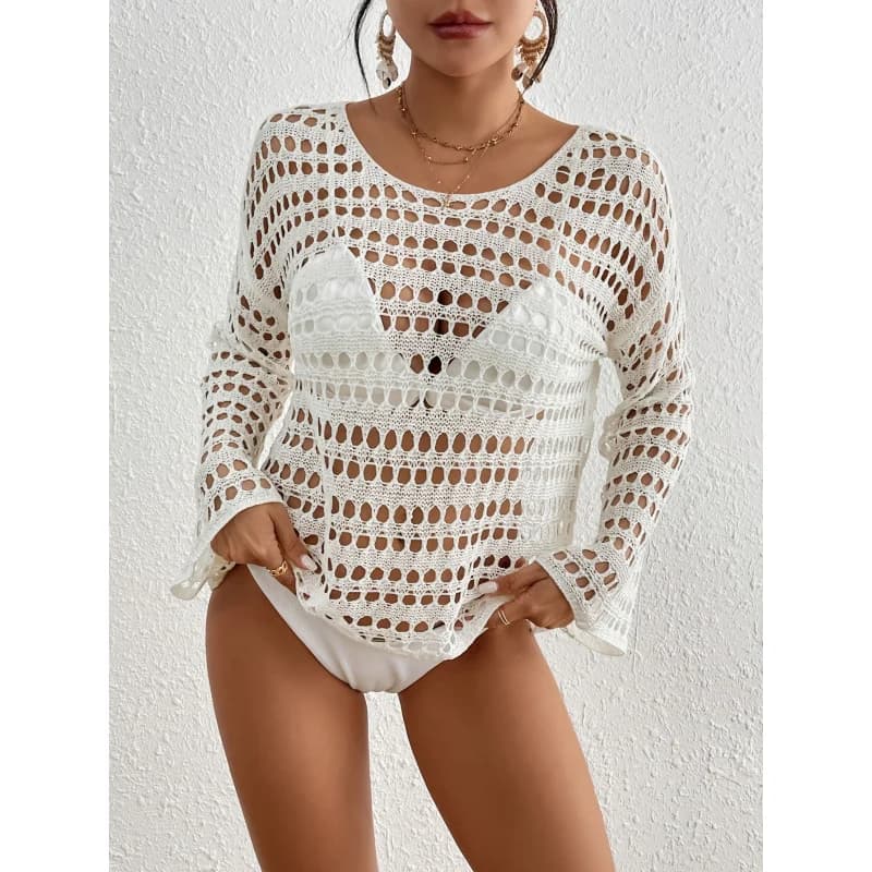 Top Copricostume Donna a Maniche Lunghe con Fori, Maglia Traforata a Girocollo, Tunica da Spiaggia Boho per Resort