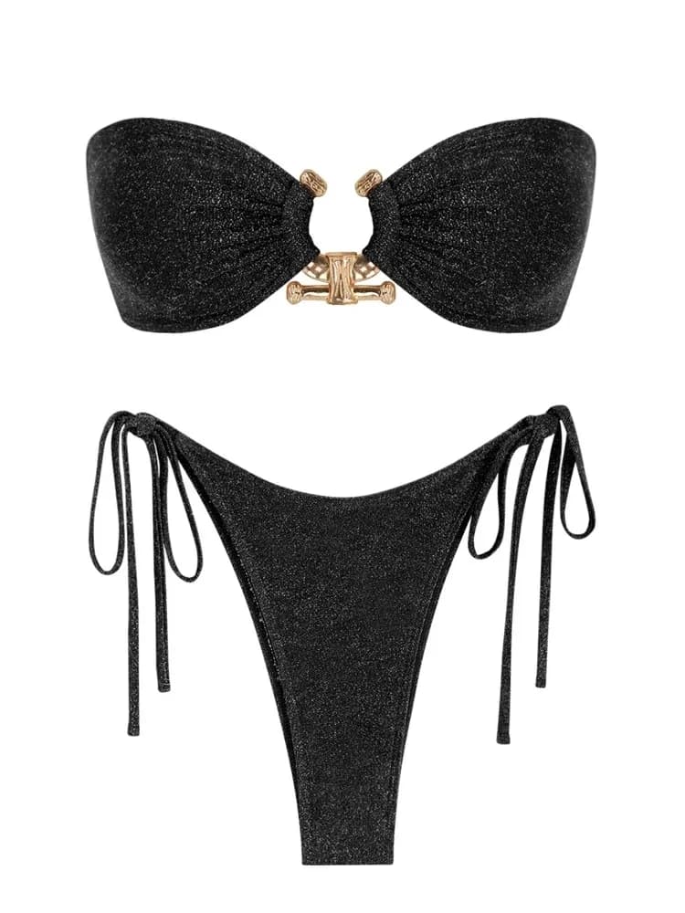 Solido O Ring 2025 Nuovo costume da bagno per le donne Cravatta laterale Hardware in metallo lucido Anello a fascia Bikini Costumi da bagno Reggiseno imbottito Top a vita bassa