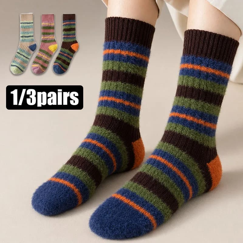 1/3pairs Women's Winter Fuzzy Crew Socks Warm Soft Thick Striped Colorful Knit Thermal Cozy Mid-Calf Socks for Cold Weather
