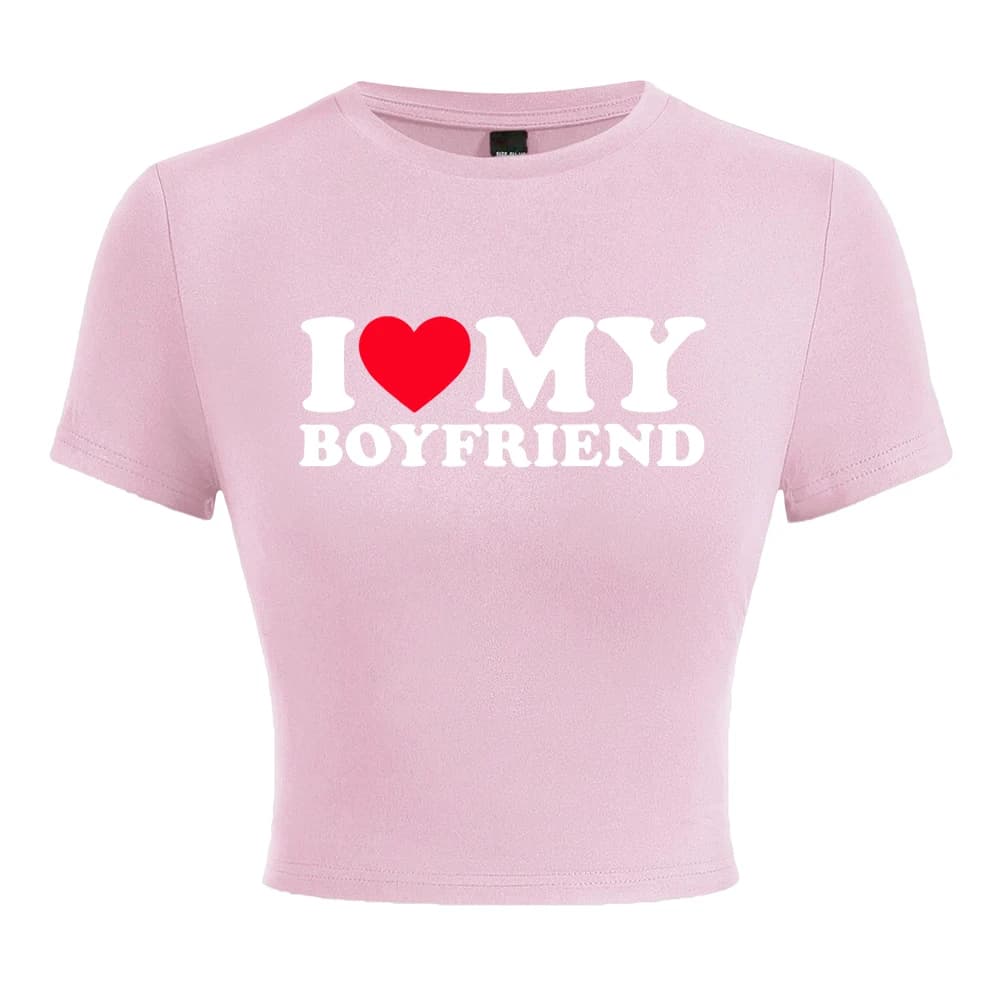 I Love My Boyfriend Letter Printing T Shirt abbigliamento moda femminile elastico confortevole T-Shirt corta T-Shirt morbide casual