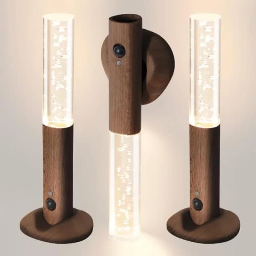 Luci Notturne con Sensore di Movimento, Lampade da Parete Ricaricabili per Interni, Set di 3 Applique Magnetiche in Legno a Batteria