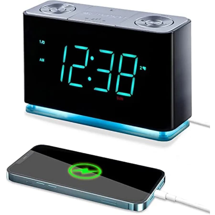 Radio sveglia Smartset con altoparlante Bluetooth e porta USB per iPhone/iPad/iPod/Android e tablet, display LED ciano da 1,4 pollici