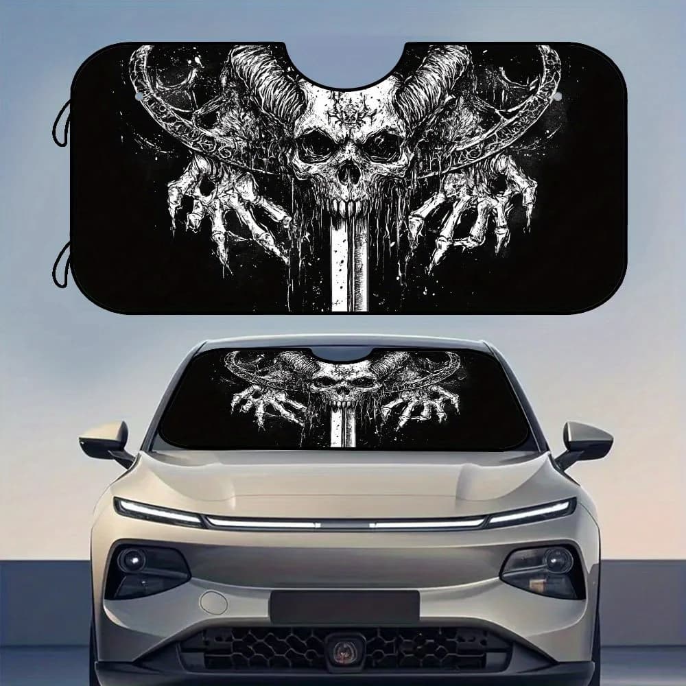 1pc, Skull Sword Demon Fantasy Art Patterned Front Car Windshield Sun Shade, Practical And Elegant Interior Accessory, Keeps You