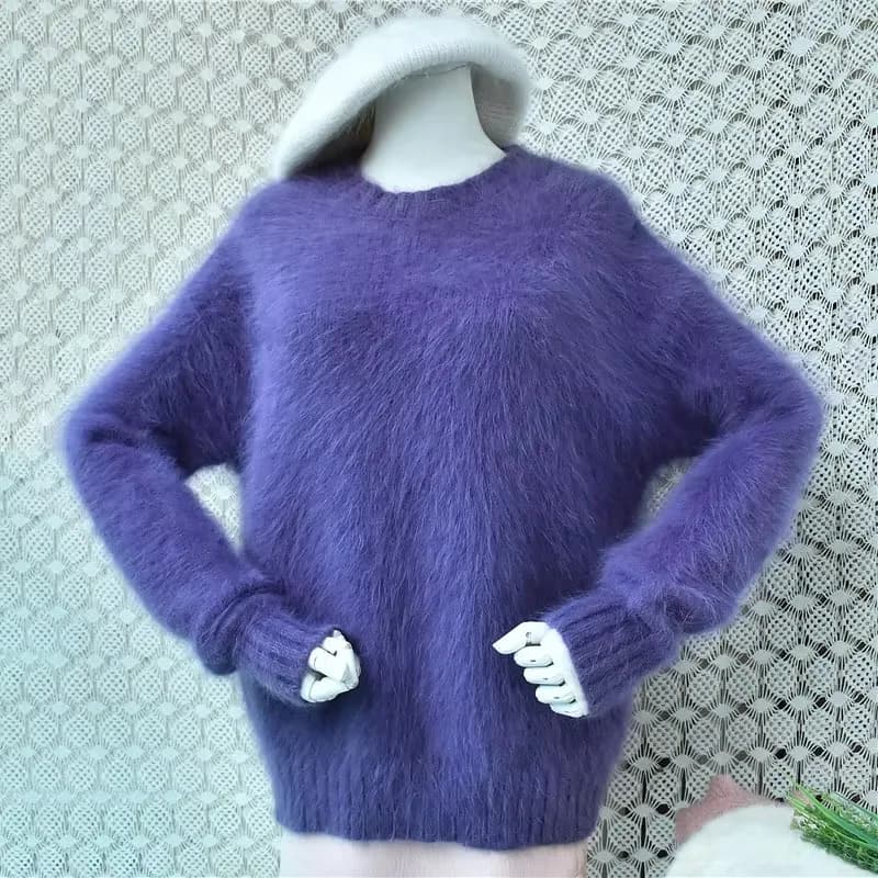Women Mujer Hairy Mink Cashmere Knitted Purple O-Neck Long Sleeves Autumn Winter Clothing Loose Pullover Sweater Jumper Pull Top