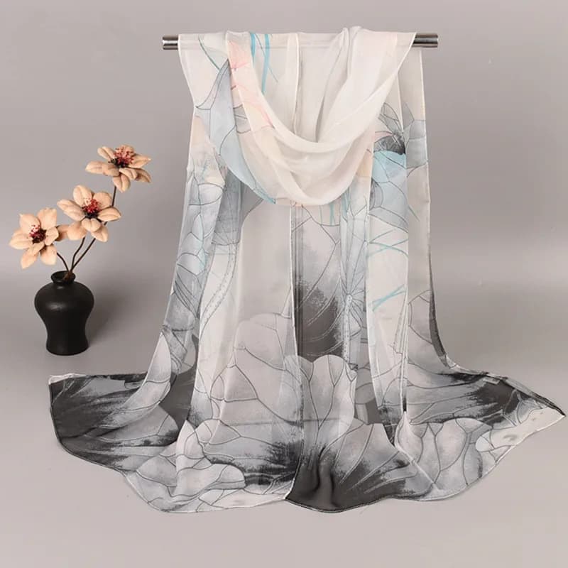 Women's Silk Scarf for Spring/Summer, Scarves Beach long, Solar Protection, Hijab with Lotus Motive