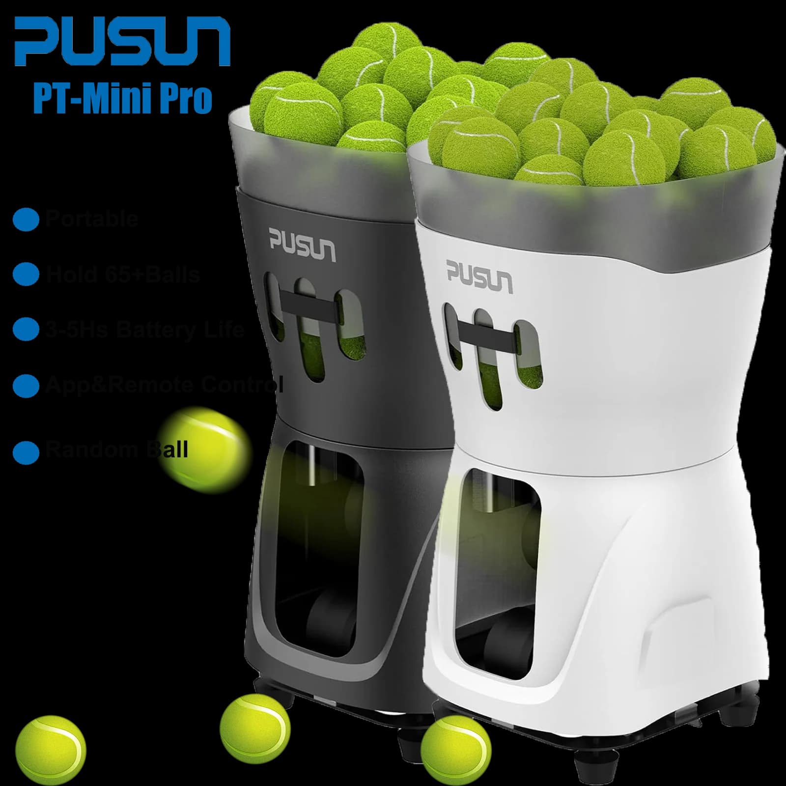 Macchina Lanciapalle da Tennis, PUSUN PT-Mini Pro con Controllo Smart tramite App e Telecomando, Capacità 65+ Palline, Durata Batteria 3-5h, Velocità Massima 37.2MPH