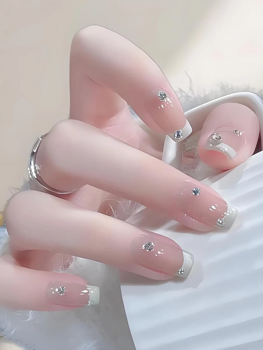 Fine Luxury Nails Made in Mano, Ancient Rose with Strass, Medium Long Nails, Glittered Gel Nails Tips, Manicure Set with Luccic Diamonds