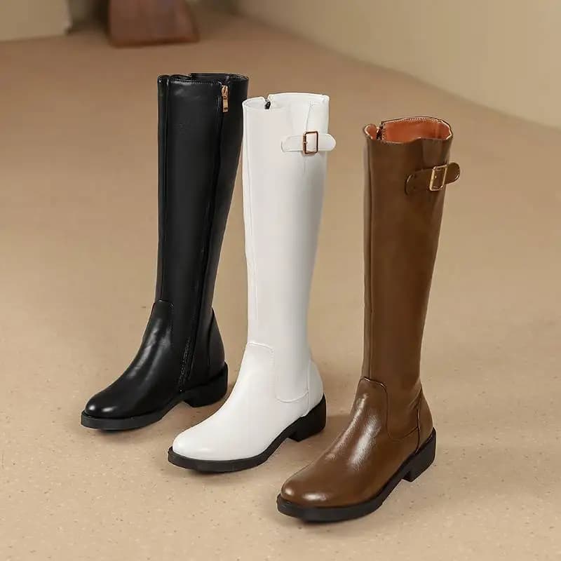 ORCHALISA 36cm Height Knee Boots Ladies Round Toe 3cm Low Heel Decor Casual Daily Footwear Petite to Extra Large EU33-43