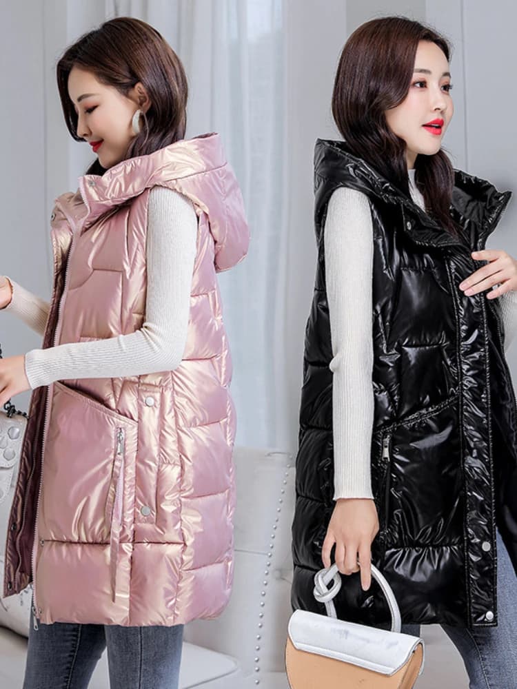 Inverno Nuovo di media lunghezza Gilet luminoso Donna Con cappuccio Spessore caldo cotone imbottito Gilet senza maniche Cappotto Giacche femminili Parka Gilet