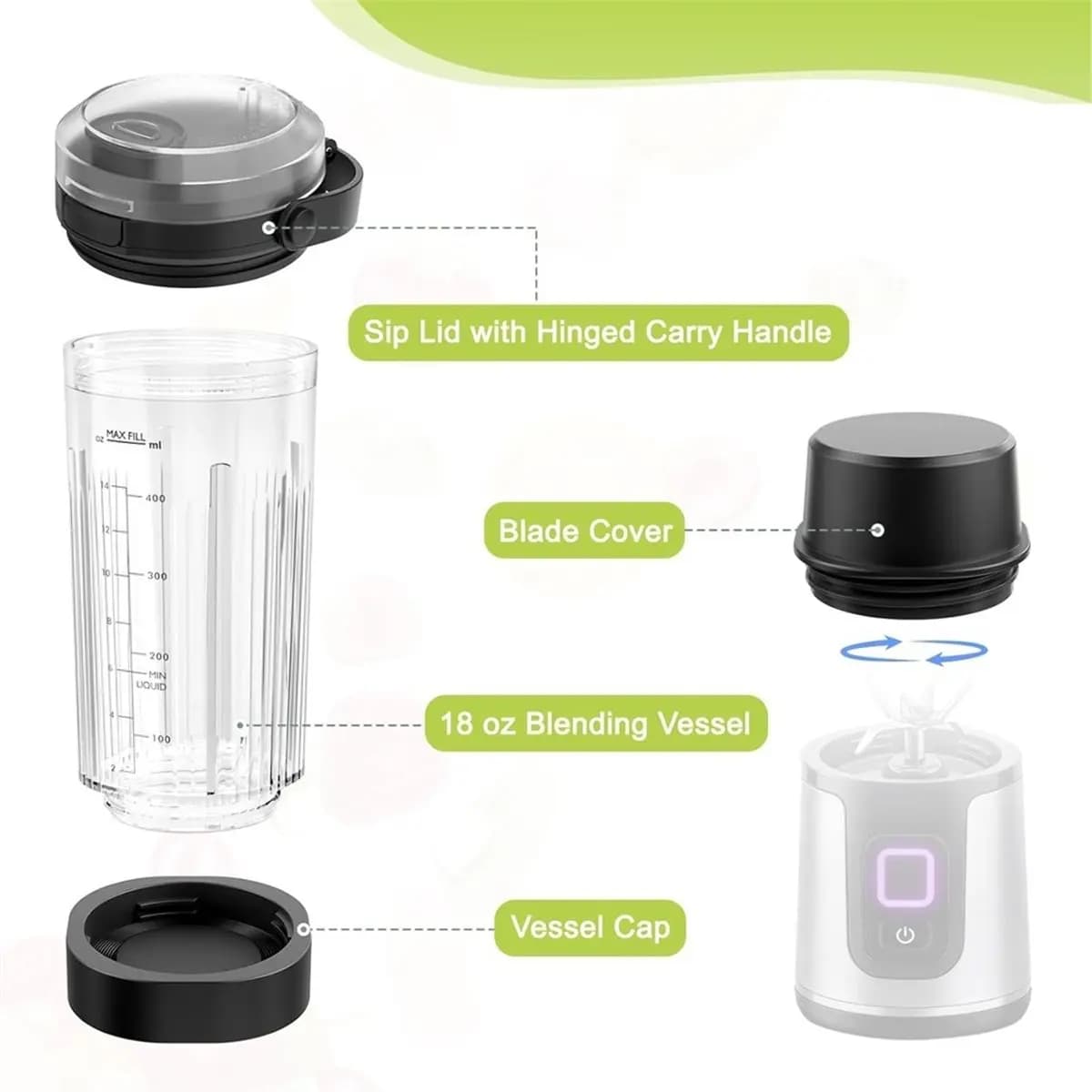 【MUST-HAVE LIST】 18 Oz Vessel Cup Compatible for Portable Blender, for BC150/ BC100 Series Blender (Black)