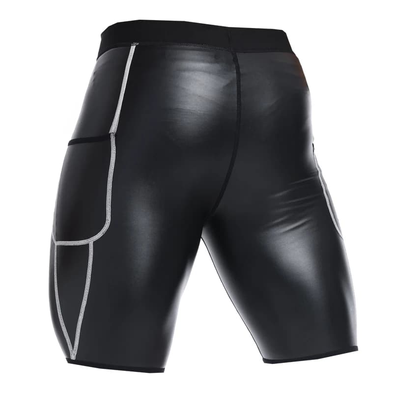 Pantaloncini in pelle elasticizzati da uomo, con tasche, modellanti, cuciture a righe bianche, stile motociclista, pantaloni attillati antivento e impermeabili
