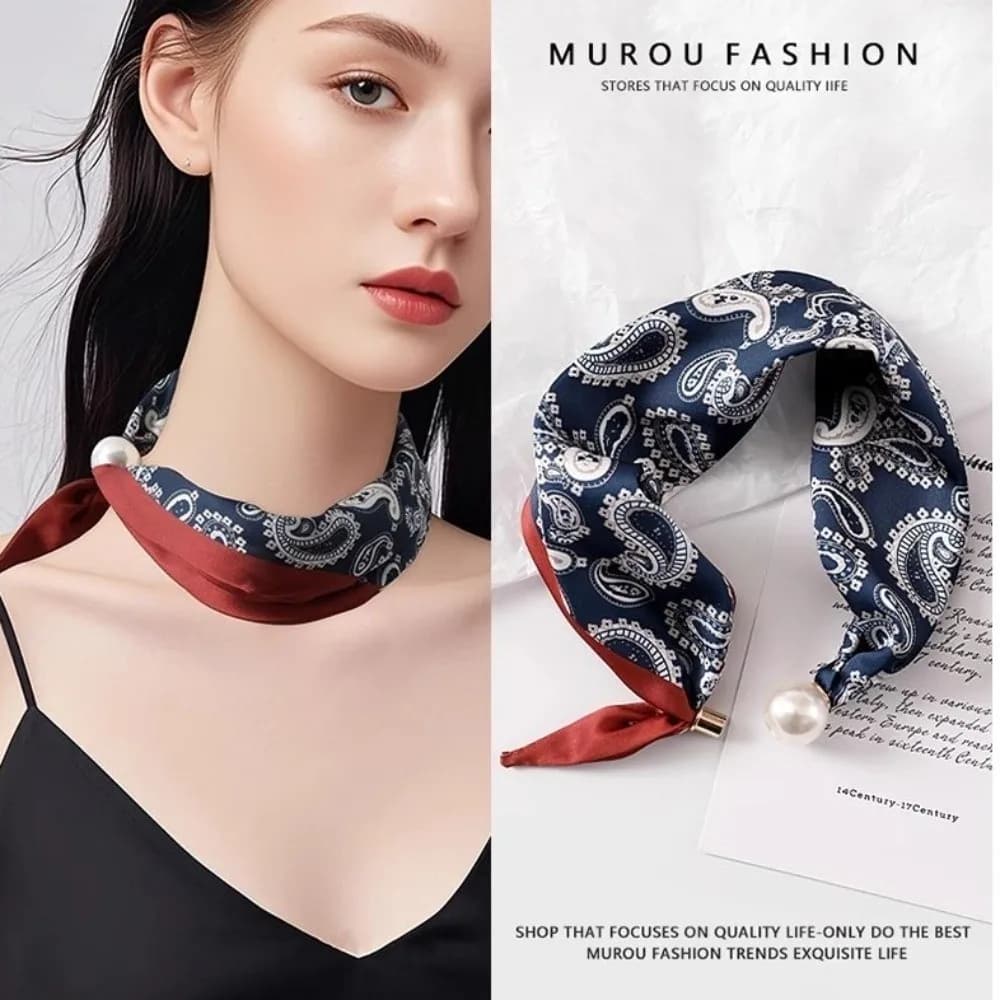 New Pearl Buckle Silk Scarf Printed Thin Neck Scarf Soft Lightweight Neckerchief Women