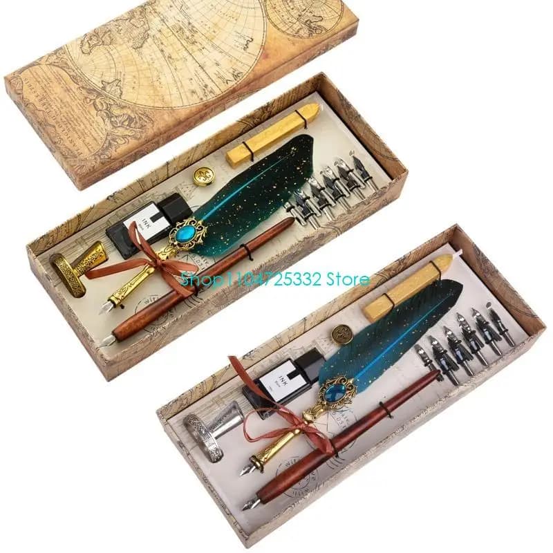 P5EA Vintage Calligraphy Dip Pen Set Fit for Gothic Calligraphy Practice Wood Dip Pen Feather Dip Pen Set Gift for Kids Adult