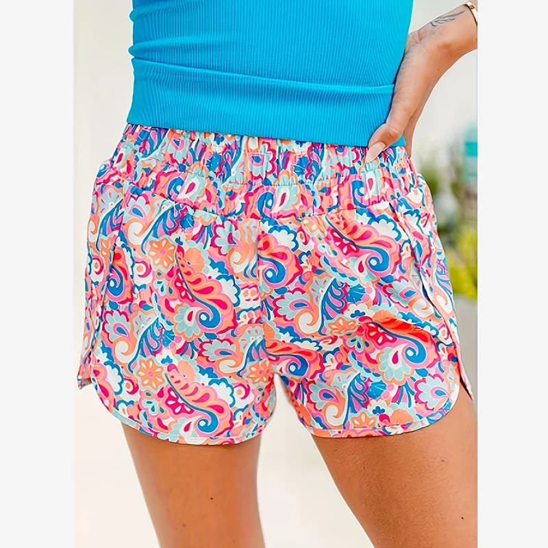Pantaloncini Eleganti da Donna con Stampa e Vita Larga Elastica, Ideali per Vacanze Estive e Sport in Spiaggia