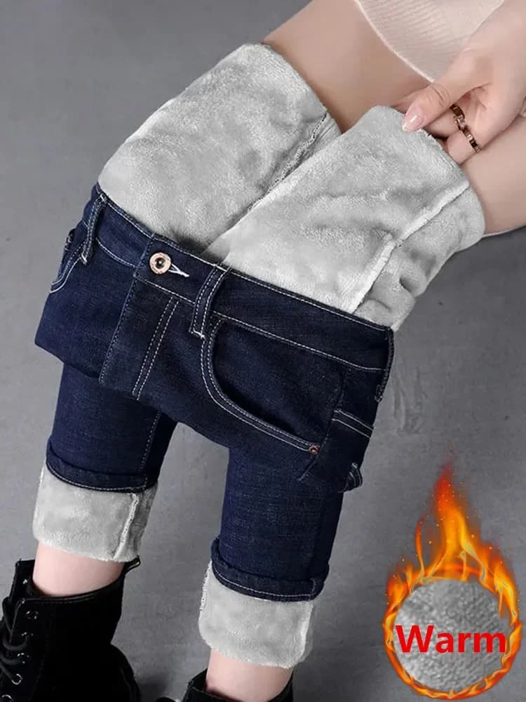 Slim Fleece Women's Jeans Pencil Pants Winter Women Plush Stretch Vaqueros Trousers Mid Waist Thicken Warm Denim Spodnie