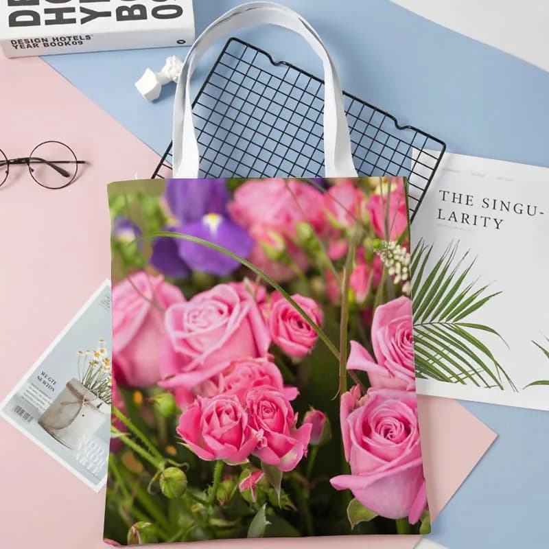 Borsa a tracolla personalizzata rosa rosa borsa a tracolla in tessuto di cotone per donna borse per la spesa riutilizzabili pieghevoli ecologiche 1014