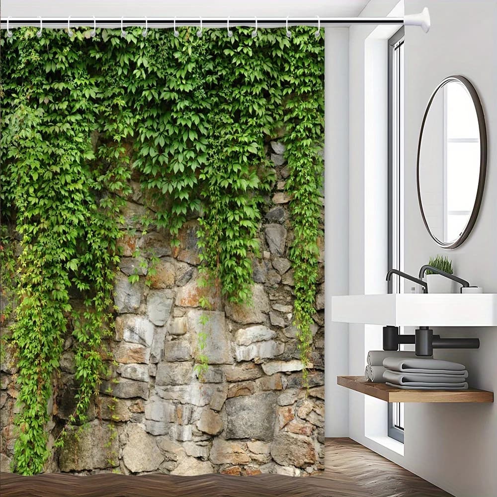 Tenda da doccia da parete in pietra coperta di edera - Roccia rustica con foglie verdi, design ispirato alla natura, poliestere, lavabile in lavatrice
