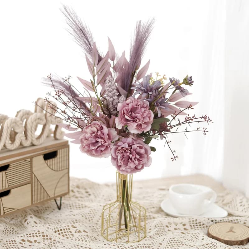 Fiori Artificiali di Peonia e Margherita in Seta Viola Autunnale, Decorazione per Casa e Tavolo, Foglie Finte per Matrimoni, Feste e Natale