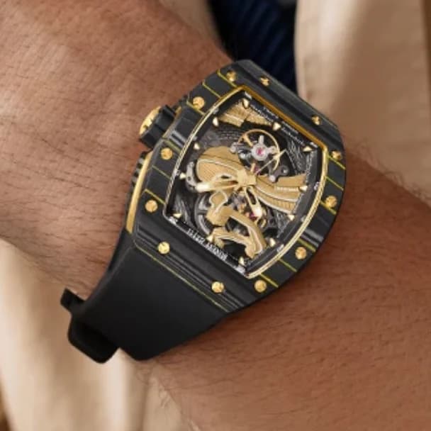 BONEST GATTI Orologio automatico da uomo 51mm Tonneau Orologio da polso meccanico in fibra di carbonio Specchio zaffiro Luminoso Quadrante da grande parete