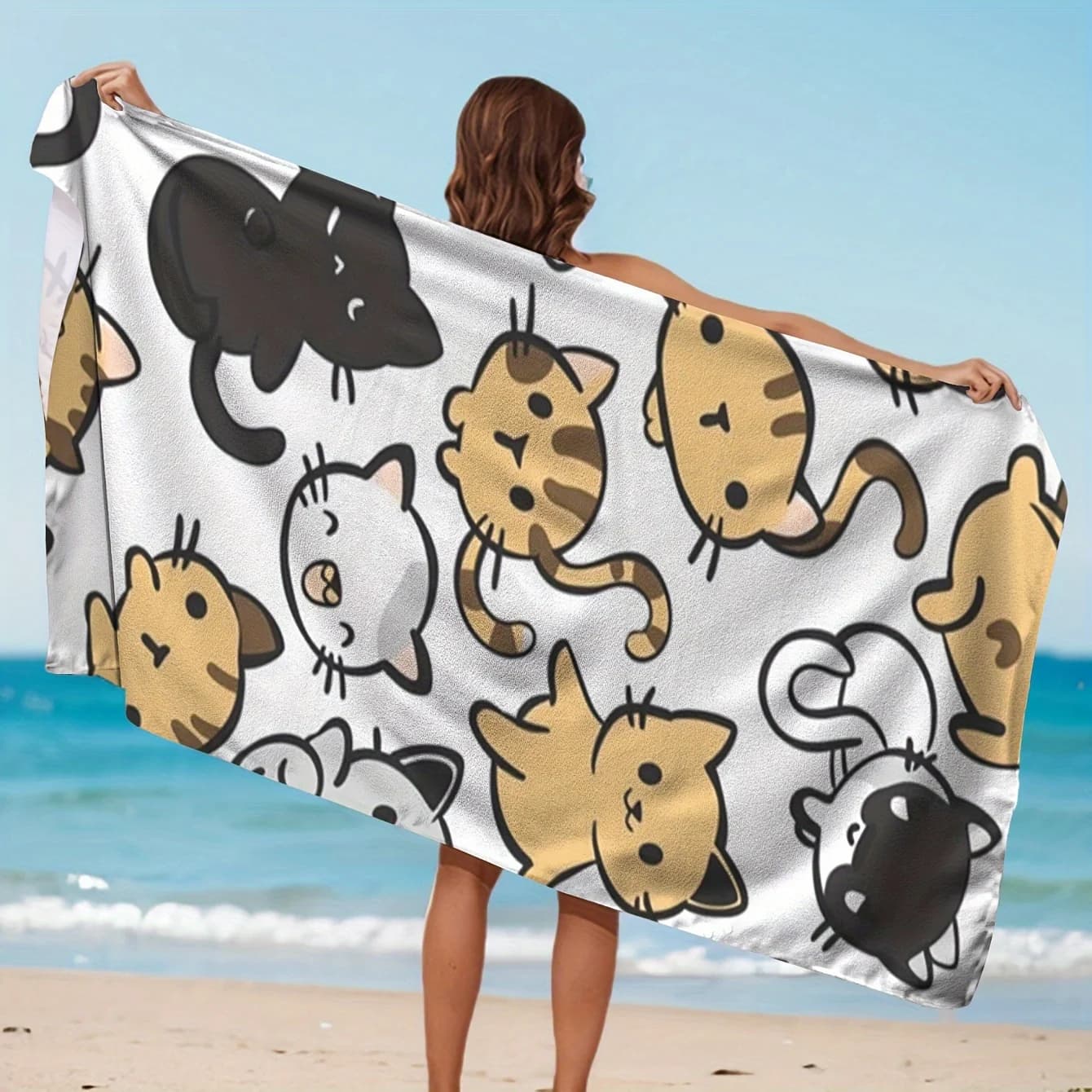 Asciugamano da spiaggia ad asciugatura rapida, simpatico gatto dei cartoni animati, super assorbente, per nuoto, viaggi, campeggio, leggero, essenziale per l'uso all'aperto