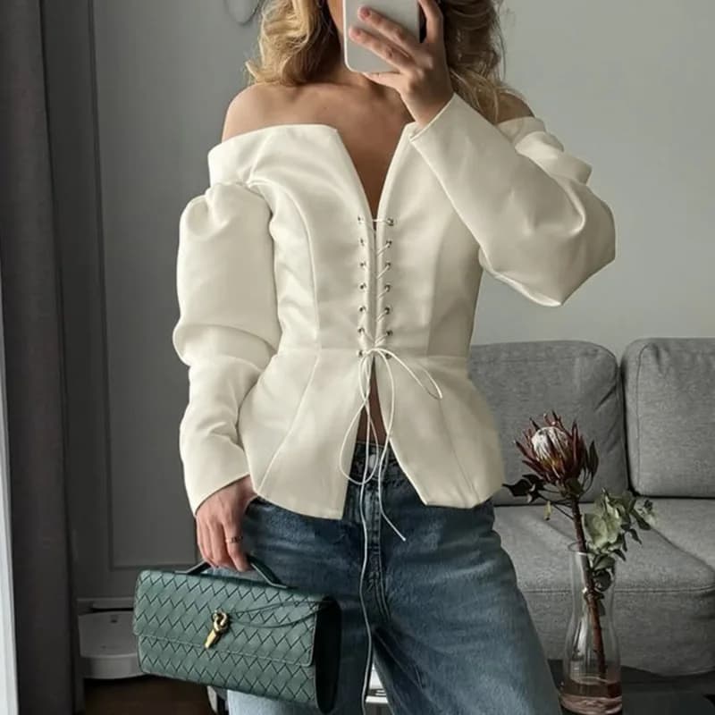 Tuularose Cardigan bianco con spalle scoperte Camicia sexy senza schienale con lacci alla moda da donna Top elegante da festa di lusso Chic Slim Top femminile