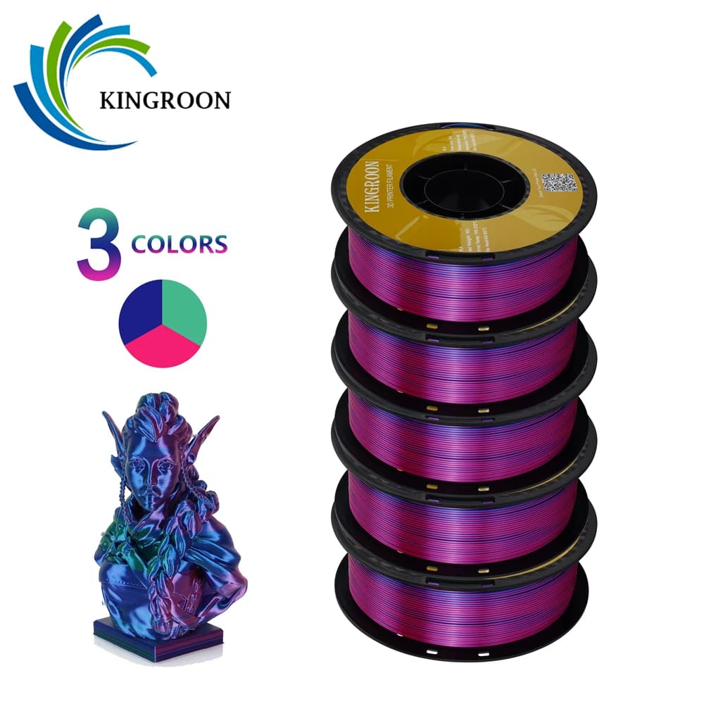 KINGROON 5KG 3 In 1 Filament Tricolor Silk Filament for Multicolor 3D Printer PLA Three Color Coextrusion, 5 Coils
