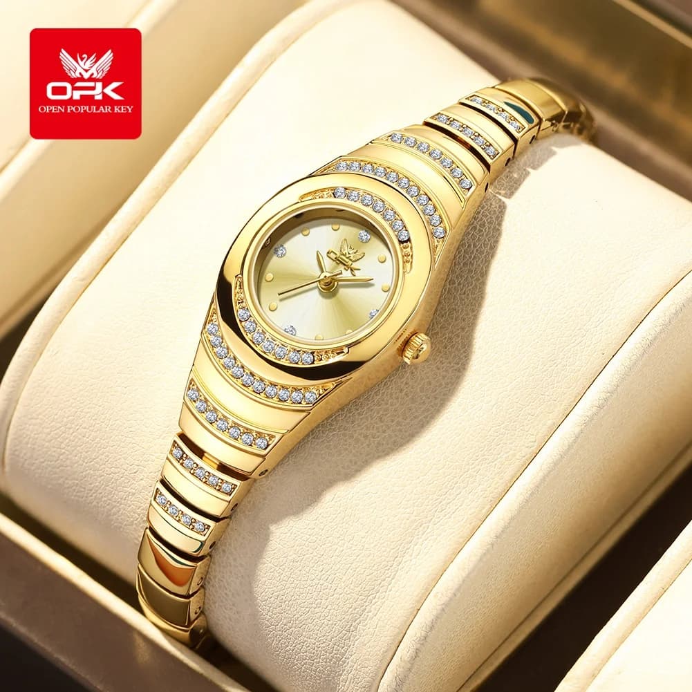 OPK 6069 Orologio con movimento al quarzo originale, semplice e alla moda, per donna, quadrante rotondo con diamanti, orologio in acciaio inossidabile con zirconi impermeabili