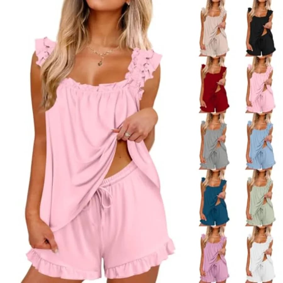 Womens Pajama Set Sleeveless Ruffle Tank Top and Shorts Loungewear Soft Loose Summer Sleepwear 2 Piece Outfit