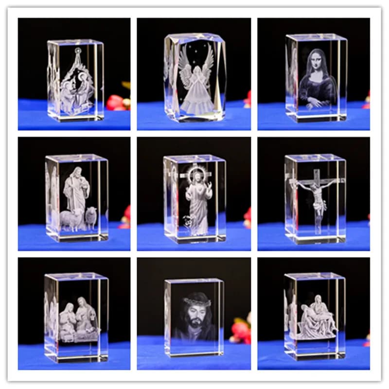 3D K9 Crystal 5x5x8cm Cube Christian Jesus Cross Figurine Home Decor Virgin Laser Engrave Crystal regali religiosi per la nascita dei bambini
