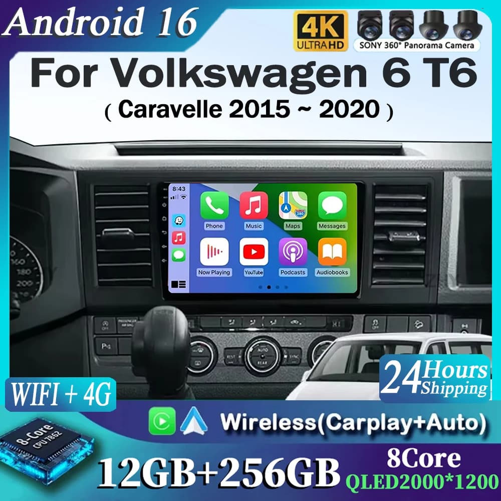 Android 15 Carplay autoradio for VW Volkswagen Caravelle 6 T6 2015-2020 player Video multimedia GPS navigation Audio Stereo
