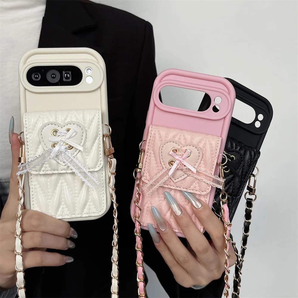 PU leather shoulder bag quilted with card holder and lace, with ribbon bow, for Google Pixel 9 10 Pro XL 8 7 9a 8a 7a