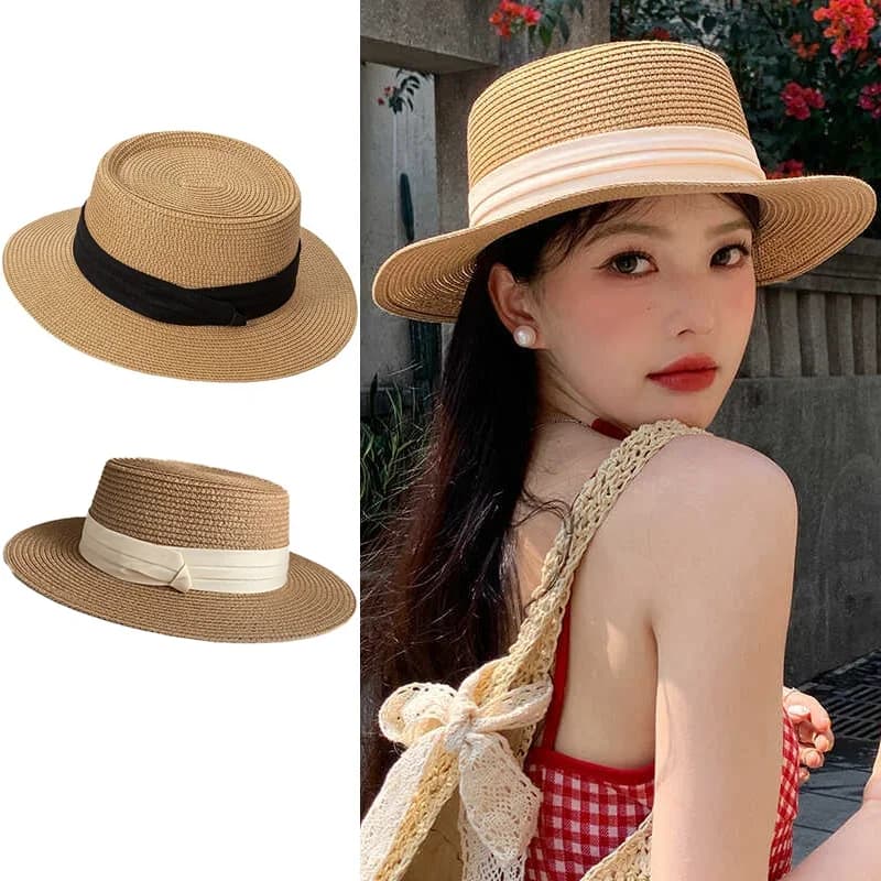 Korean Bow Straw Hat for Women Outdoor Beach Wide Brim Sun Visor Cap Summer Vacation Sunshade Female Panama Hats